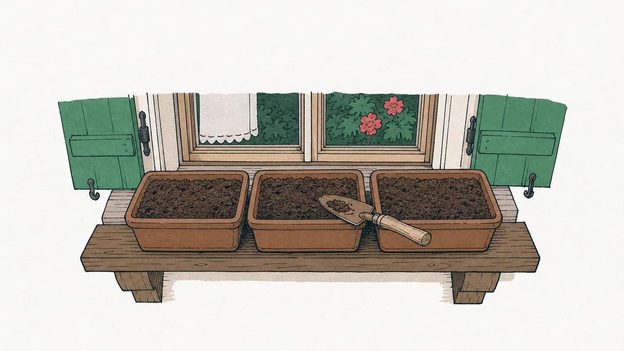 Drei Terrakottakisten auf einer Holzfensterbank, mit frischer Blumenerde gefüllt, ein Holzhandspaten liegt quer über den Rändern.