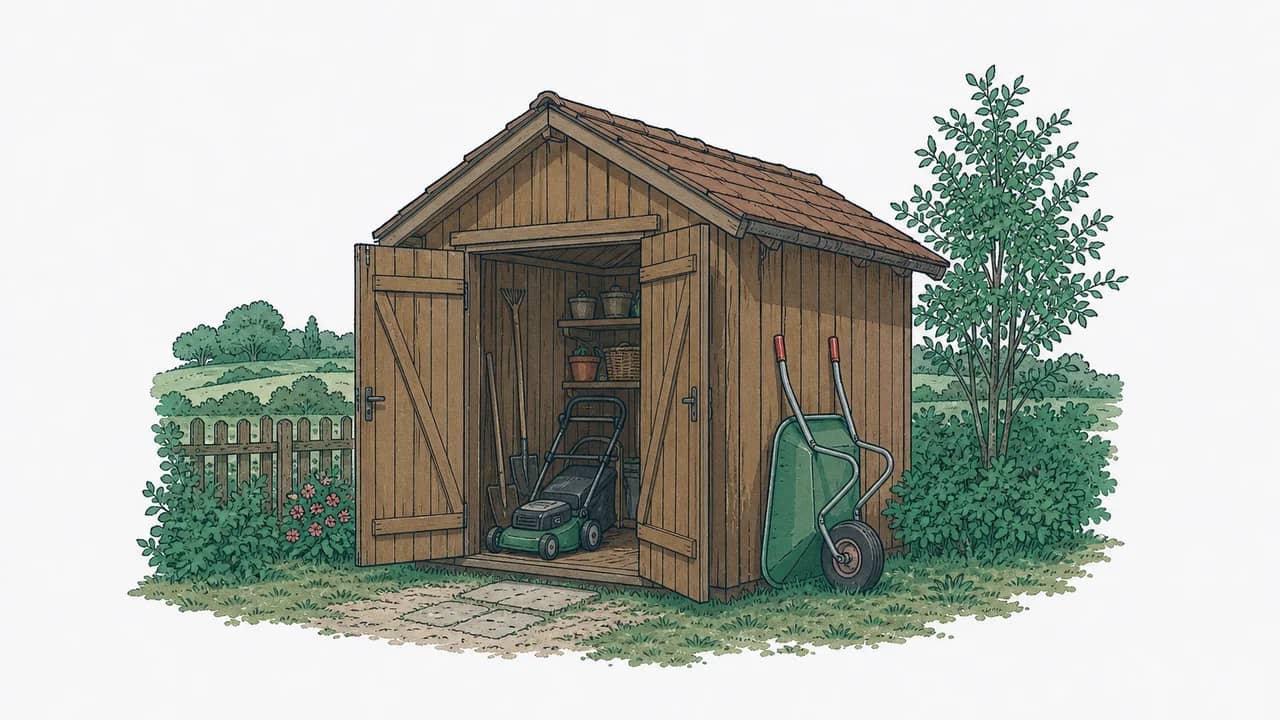 Ein kleines Holzgerätehaus mit zwei halboffenen Türen, einer angelehnten Schubkarre und einem gestapelten Rasenmäher.