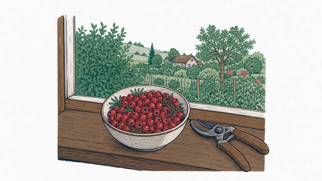 Eine Keramikschale mit roten Eibenbeeren, ein timbertischfensterbrett und eine Gartenschere daneben.