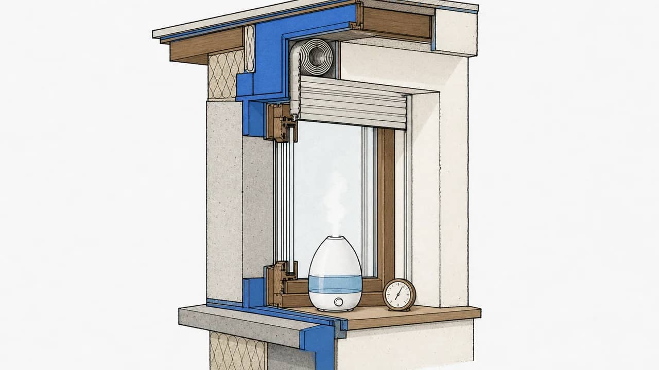 Ein bedroom window head mit einem ultrasonic tabletop humidifier auf dem Sims und einem kleinen analog hygrometer daneben.