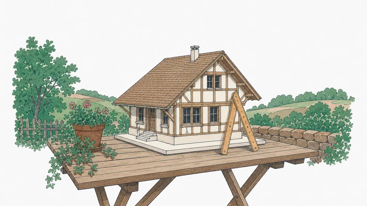 Ein Modellhaus mit Giebeldach aus Holz auf einem Gartentisch, daneben ein zusammengeklappter Holzmeter, angelehnt am Modell.