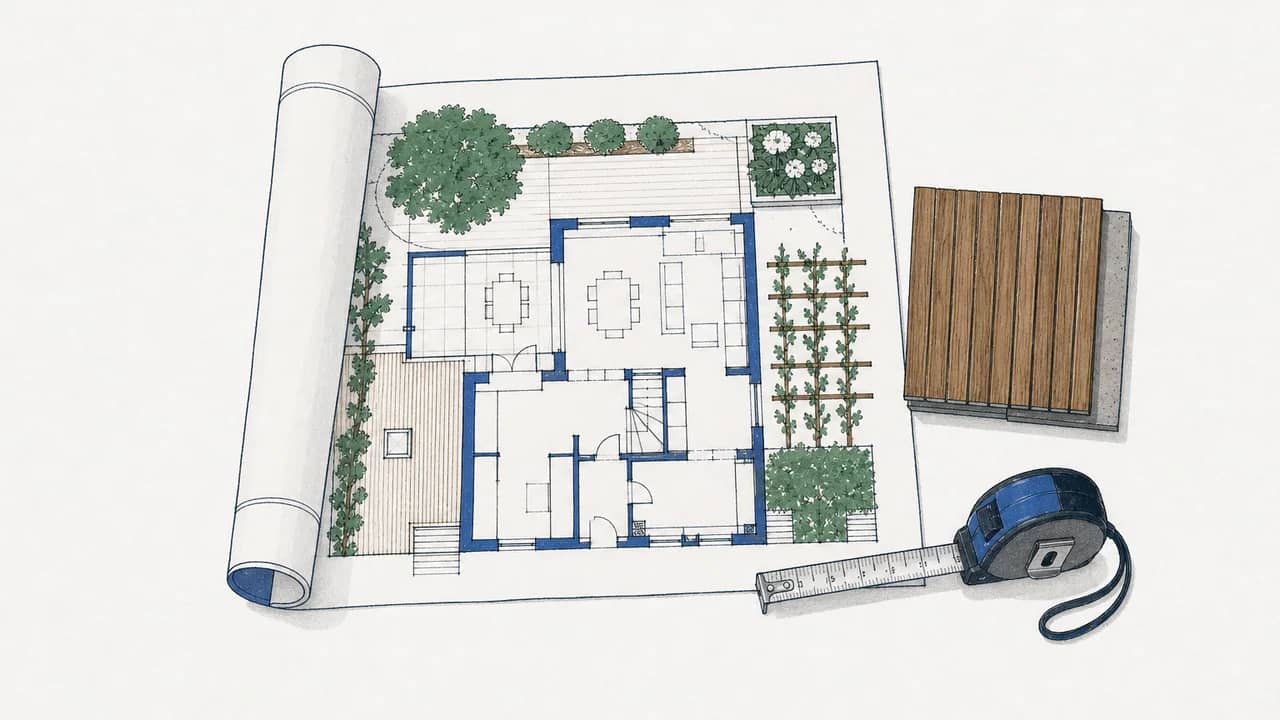 Aufsicht auf einen aufgerollten Architekturgrundriss, ein kleines Holzfassadenmuster und ein Stahl-Massband.