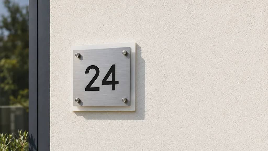 Gebürstetes Hausnummernschild aus Edelstahl mit der Nummer 24 an einer hellen Putzfassade