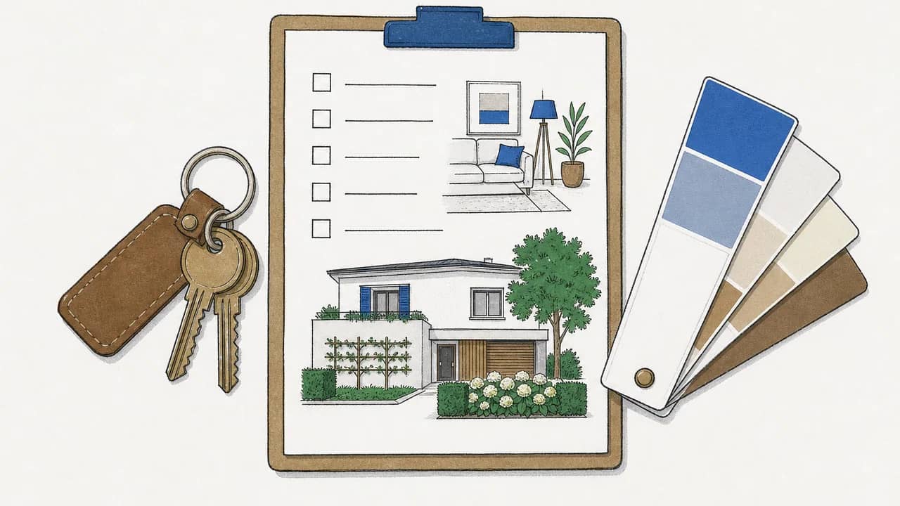 Aufsicht auf eine ausgedruckte Home-Staging-Checkliste, Messinghausschlüssel an einem Lederanhänger und einen Farbfächer.