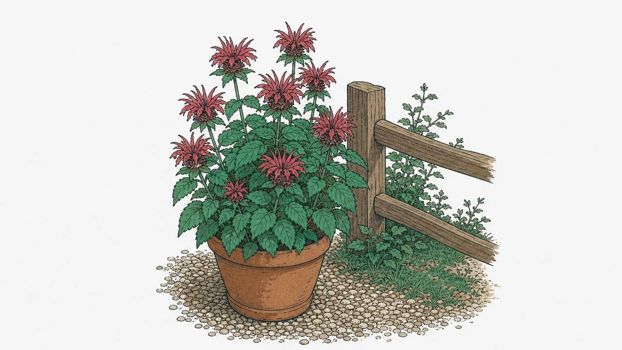 Ein Büschel roter Monarda didyma-Blüten in einem Terrakottatopf auf einem kiesigen Gartenweg neben einem niedrigen Holzzaun.