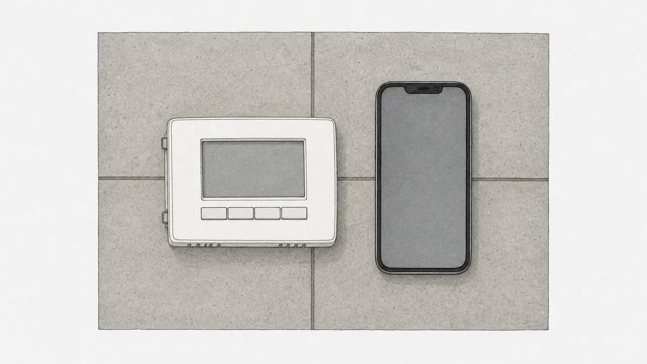Weisser digitaler Raumthermostat, flach auf einer grauen Fliese liegend und ein Smartphone daneben.