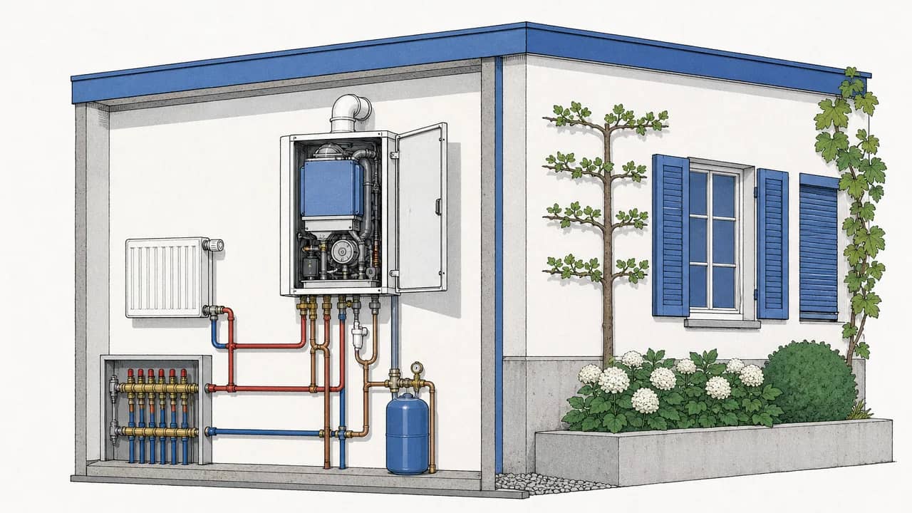 Ein wandhängender Brennwert-Gaskessel mit offenem Service‑Panel, sichtbarem Kondensatfallrohr und Kupfer-Vorlauf- und Rücklaufleitungen.