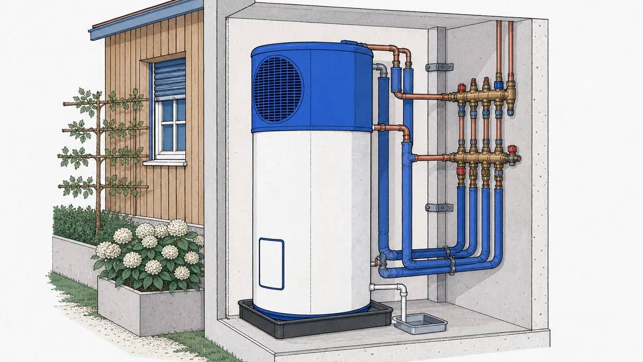 Ein kompakter Warmwasser-Wärmepumpenzylinder mit Kondensatwanne und isolierten Kupferleitungen, die an einem Wandverteiler angeschlossen sind.