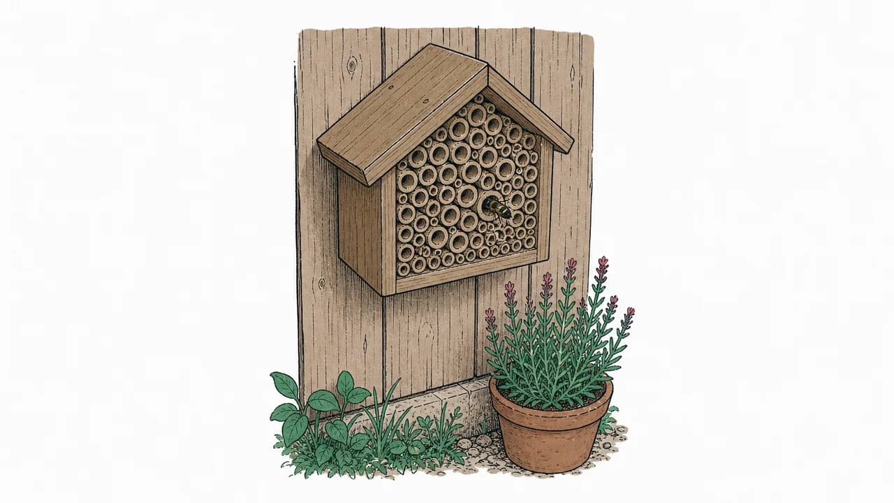 Ein Holz-Insektenhotel an einer holzverkleideten Wand, in dessen Röhre eine Mauerbiene kriecht, mit einem Lavendel im Topf am Fuss.