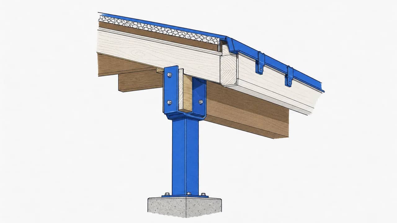 Eine Carport-Pfosten-zu-Träger-Verbindung mit verschraubter Stahlpfostenhalterung und einem an der Traufe befestigten Schneefang.