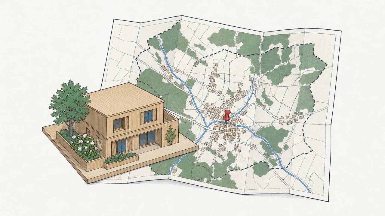 Aufsicht auf ein hölzernes Modellhaus, eine gefaltete regionale Einzugsgebietskarte und eine rote Reisszwecke.