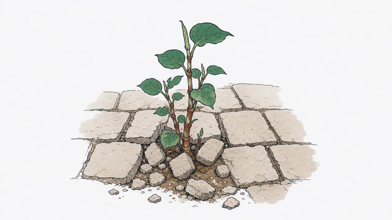 Ein Japanischer Staudenknöterich-Trieb drückt durch einen Riss in einem Kopfsteinpflasterweg mit losen Steinen darum.