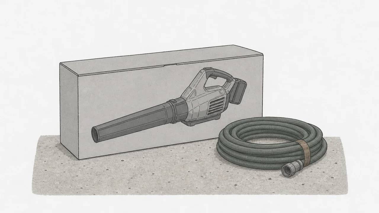 Verpackter akkubetriebener Laubbläser, auf dem Betonboden liegend, und ein ordentlich aufgerollter Gartenschlauch daneben.