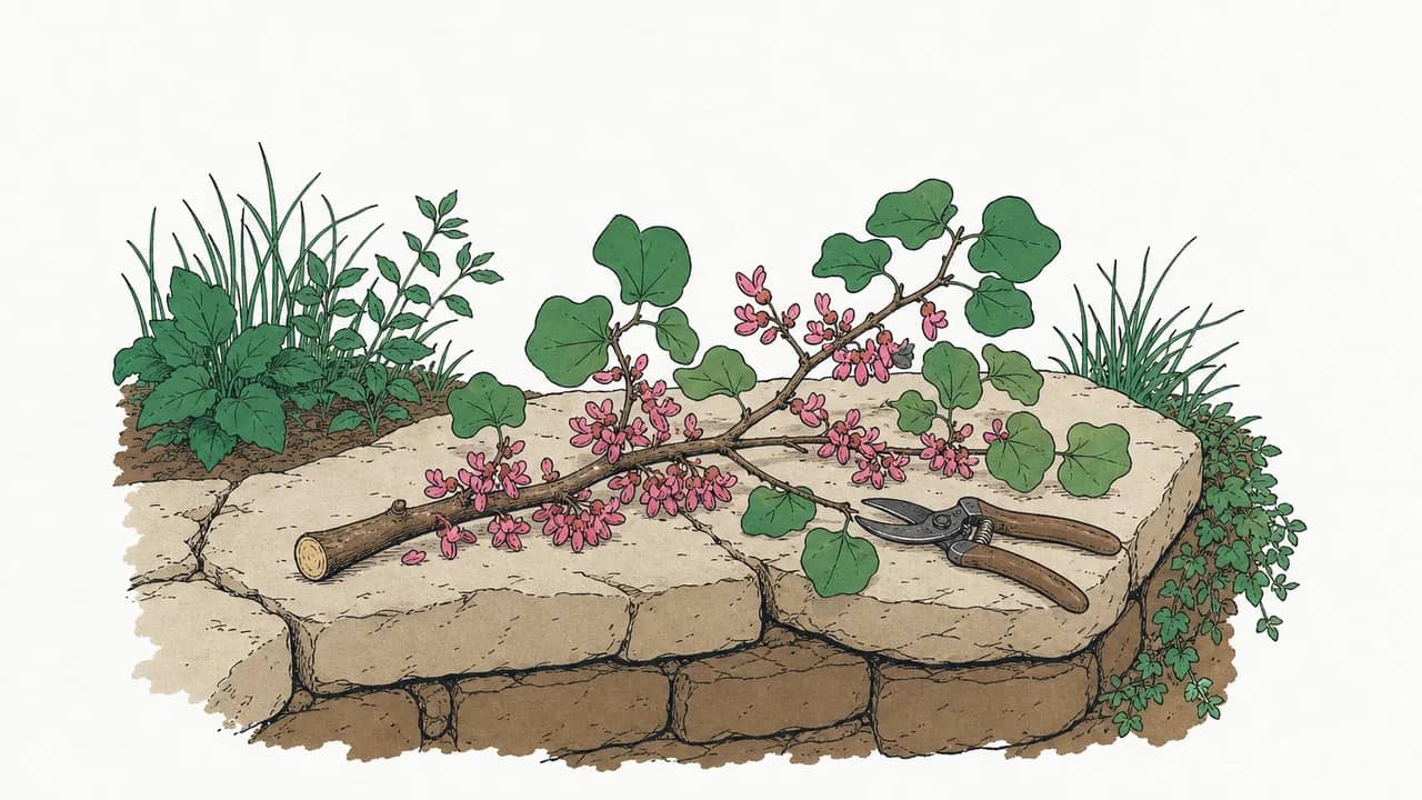 Ein frisch geschnittener Judasbaumzweig mit rosa Blüten liegt auf einer niedrigen Steinmauer; eine Gartenschere liegt daneben.