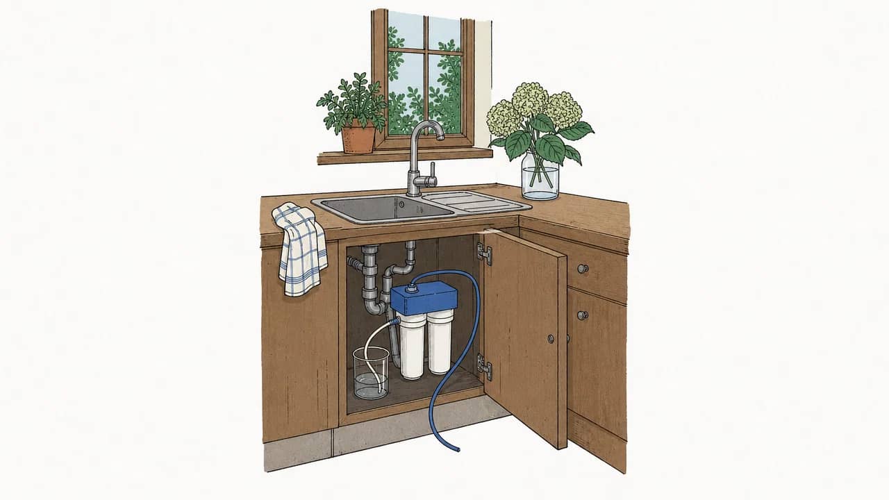 In der Zimmerecke unter der Küchenspüle steht ein kleines Untertisch-Wasserfiltergerät, ein lose liegender flexibler Schlauch und ein Glasbecher.