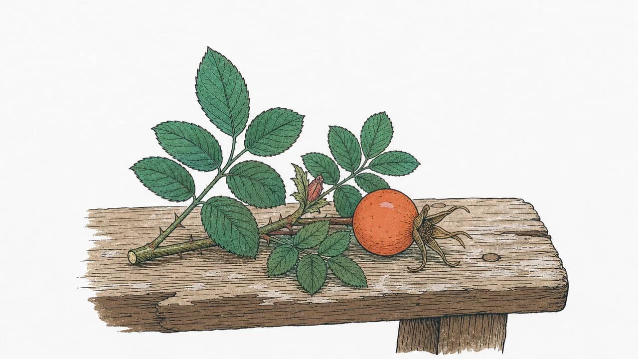 Ein einzelner Rosa‑rugosa‑Trieb mit derbem Laub und einer grossen orangen Hagebutte, die auf einer verwitterten Holzbank liegt.