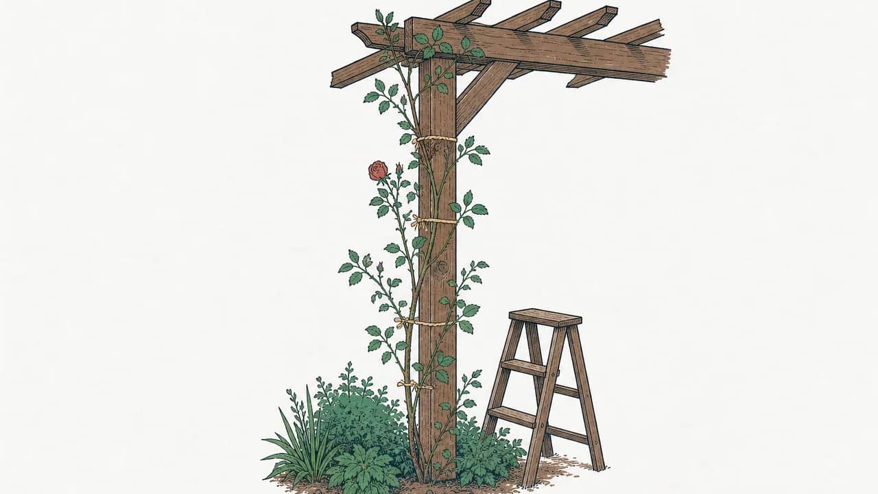 Eine lange Kletterrosenranke, die mit Naturzwirn an einen Pergolabalken gebunden wird, mit einer kleinen Leiter daneben.