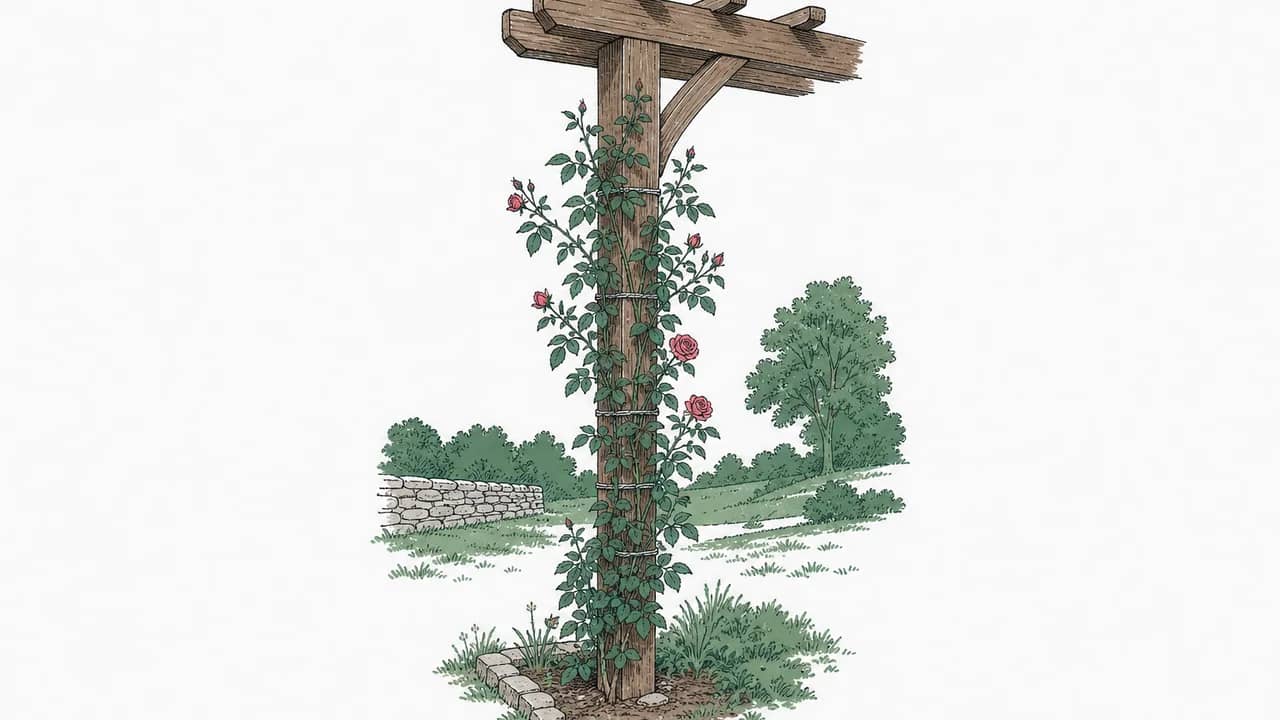 Eine einzelne lange Kletterrosenranke, vertikal an einem Holzpergola-Pfosten mit Naturbindfaden befestigt.