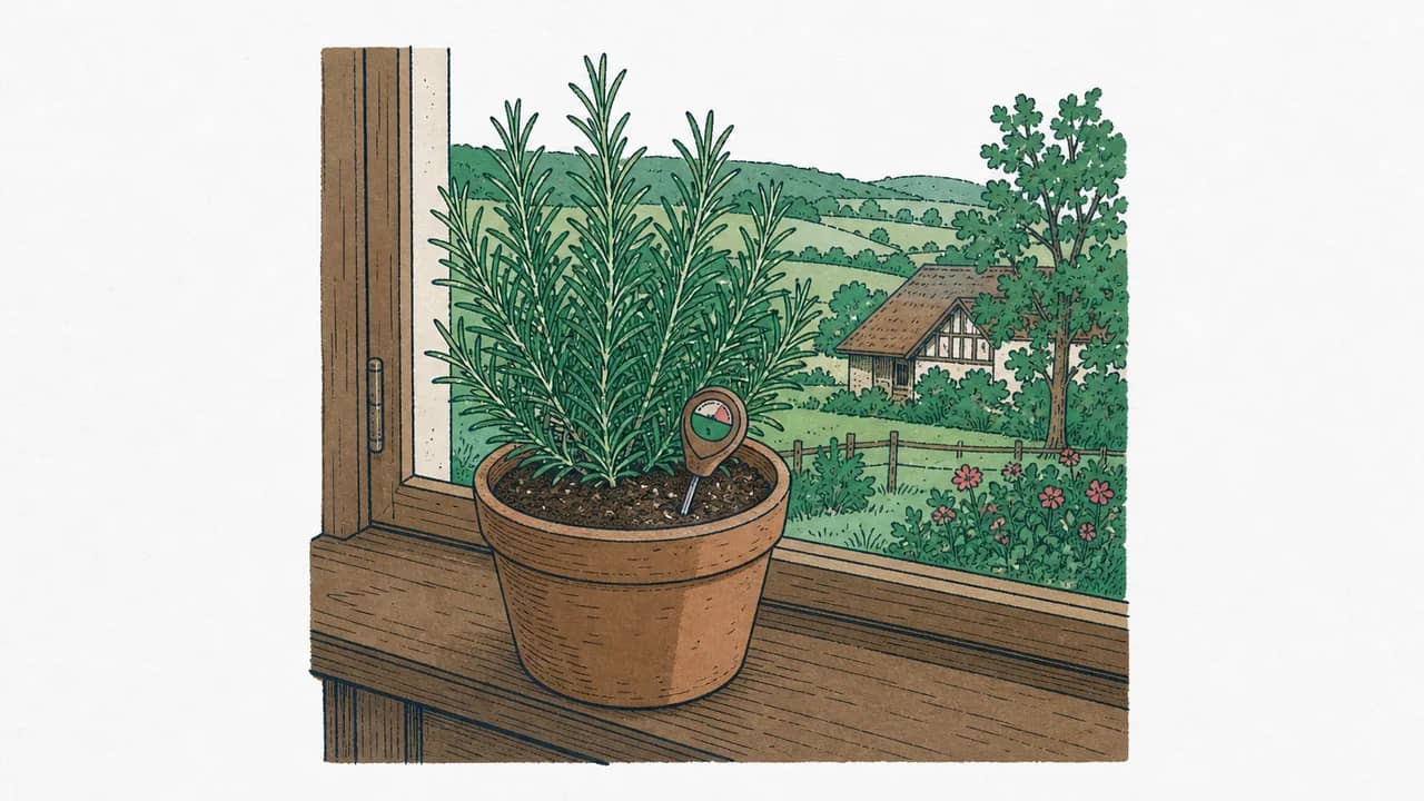Ein Terrakottatopf mit Rosmarin und einem kleinen Bodenfeuchtemessgerät im Erdreich, auf einer Holzfensterbank stehend.