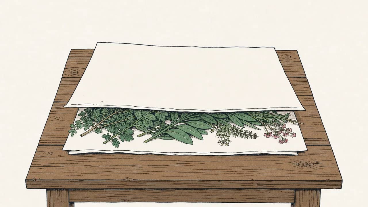 Auf einem Küchenholztisch liegen Bündel geernteter Kräuter zwischen zwei Lagen Papier geschichtet.
