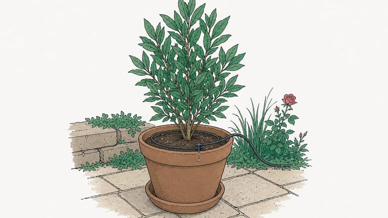 ein Terrakottakübel mit einem Lorbeerbaum auf der Terrasse, an dem ein dünner Tropfbewässerungsschlauch hängt und Wasser tropft.