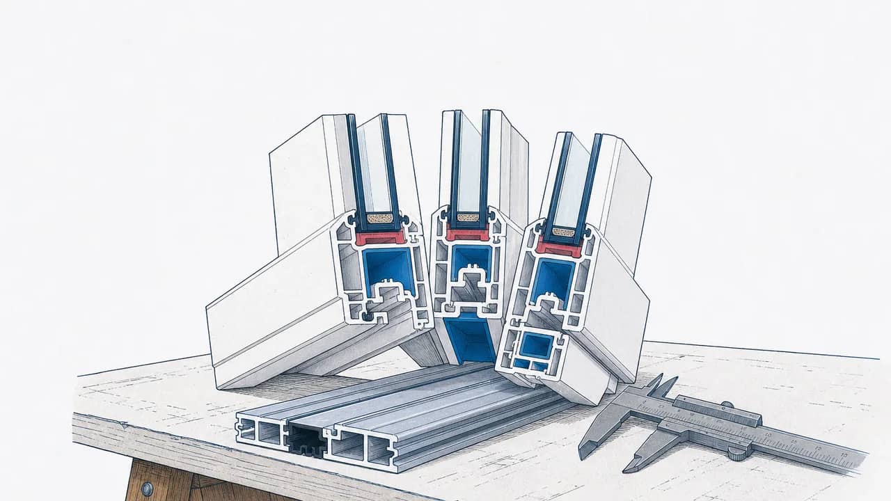 Drei fächerförmig aufgelegte uPVC‑Profilschnitte auf der Werkbank, ein abgedichteter Aluminiumschwellenabschnitt und ein Messschieber liegen daneben.