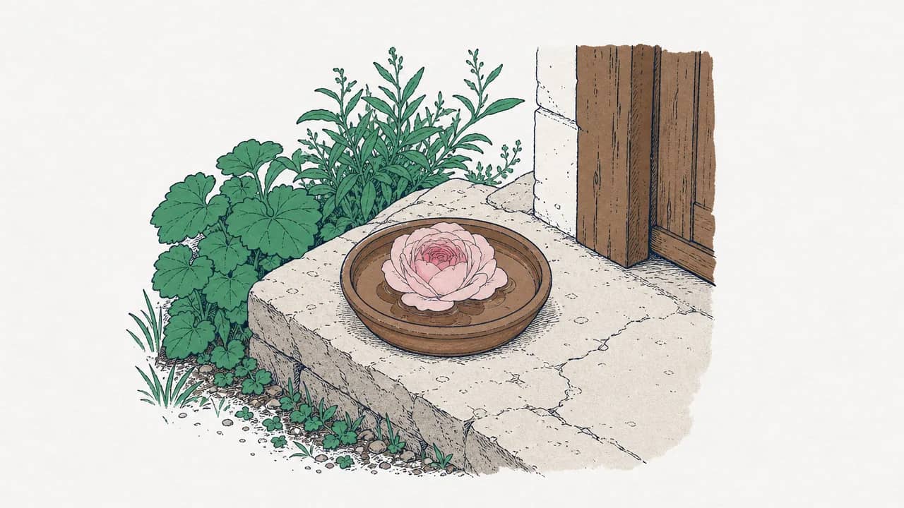Eine einzelne blass silbrig‑rosa La‑France‑Rosenblüte, die in einer flachen Terrakottaschale mit Wasser auf einer Steinstufe schwimmt.
