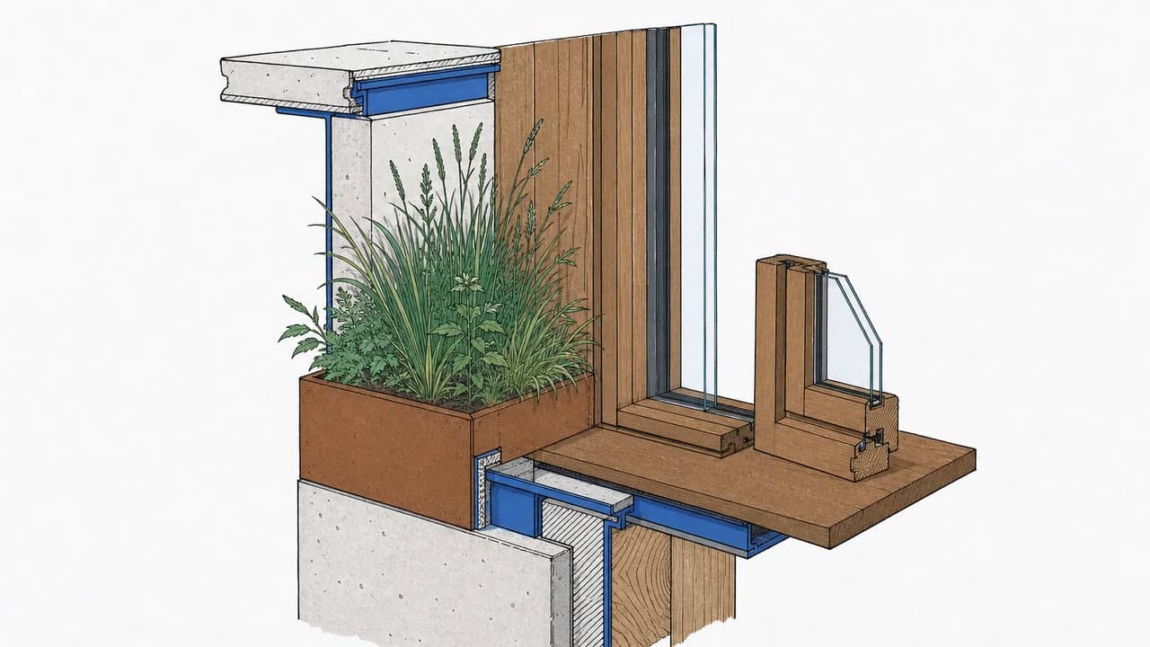 Eine timber-framed glazing corner mit einem internal planter box mit native grasses und einem cedar window frame sample auf dem Sims liegend.