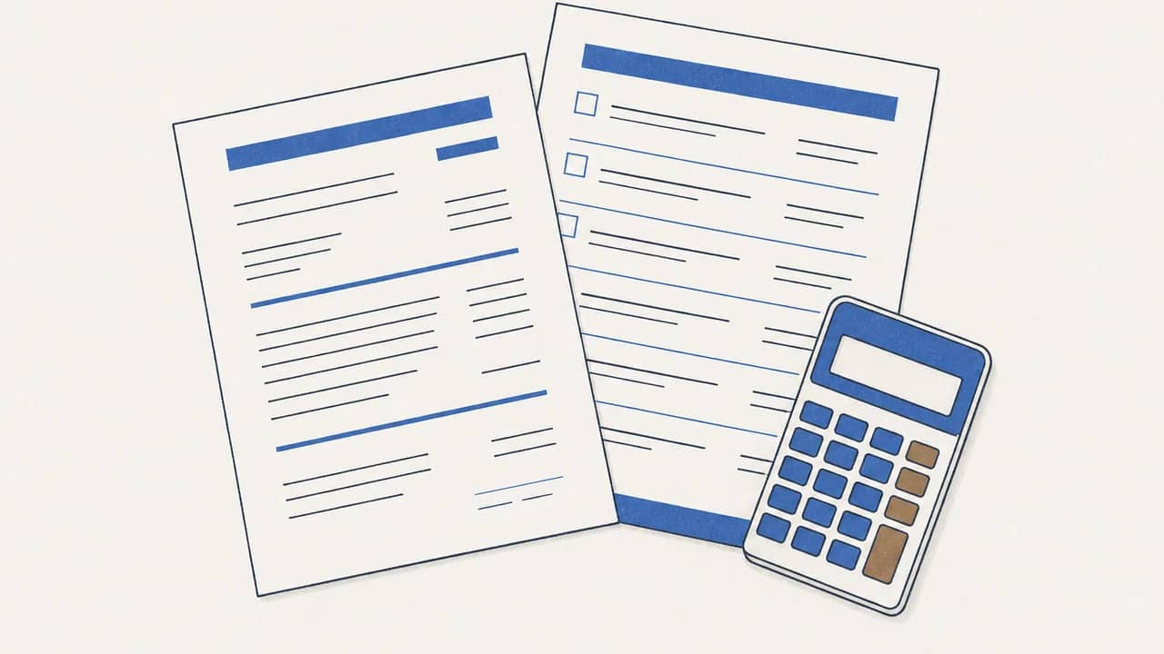 Draufsicht auf einen Arbeitgeber-Lohnschein, eine gedruckte Hypotheken-Eignungs-Checkliste und einen Taschenrechner.
