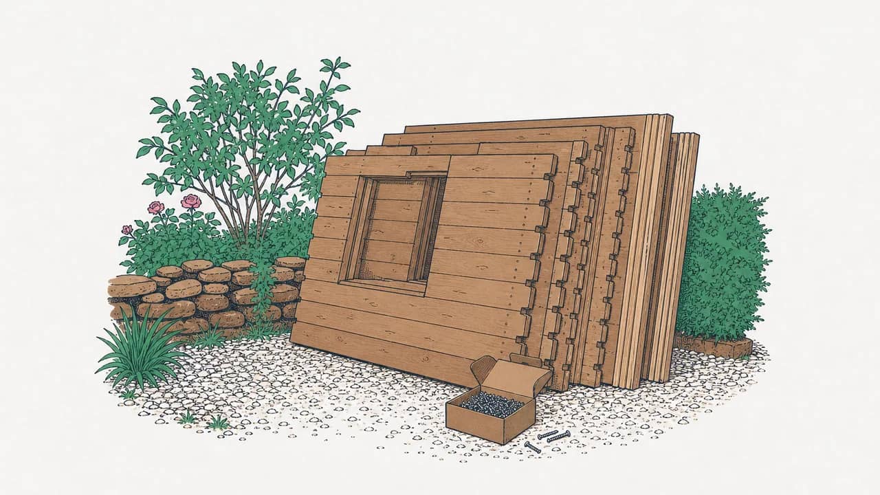 Ein Stapel vorgefertigter, ineinandergreifender Holzbauteile für ein Gartenhaus auf Kies, daneben eine geöffnete Schraubenschachtel.
