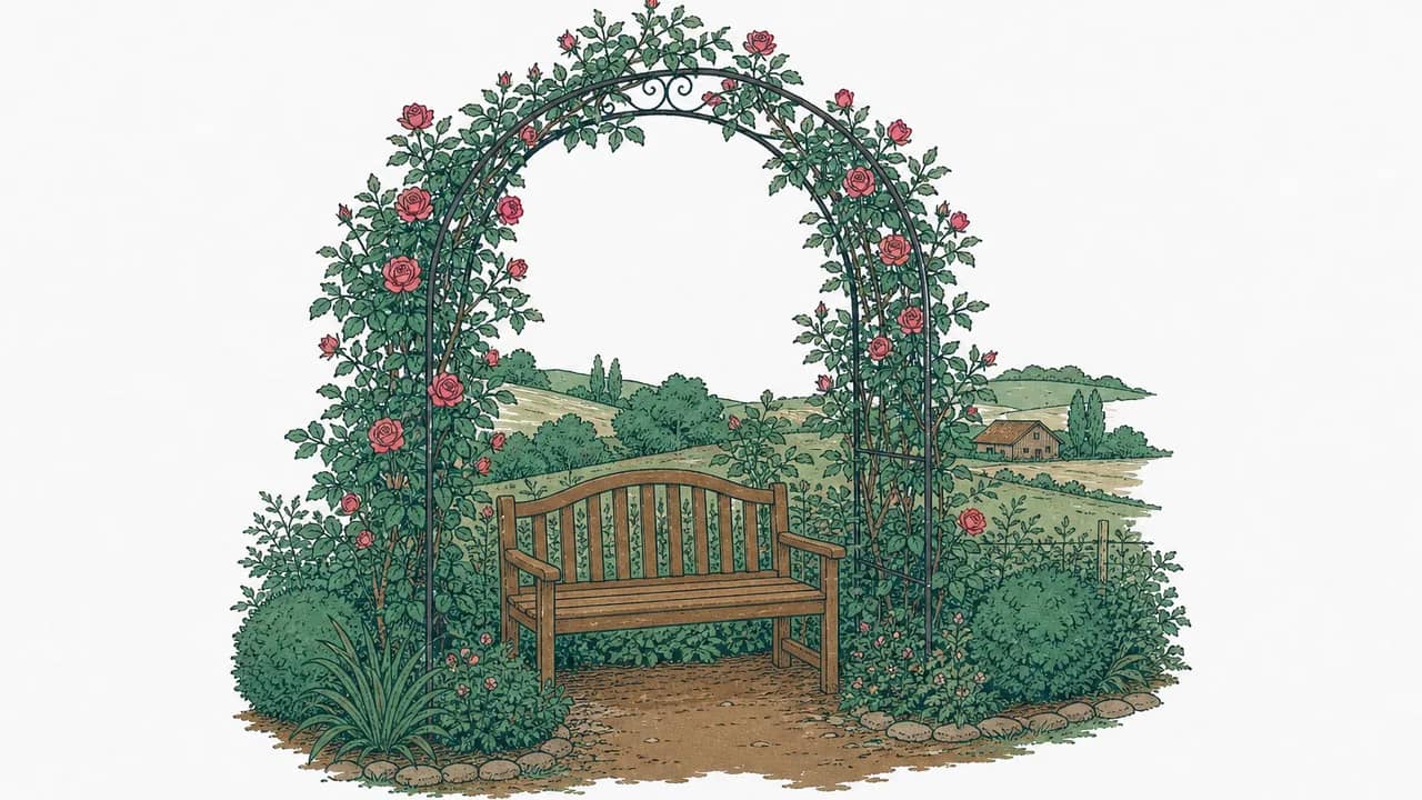 Ein geschwungener Eisenrosenbogen, überwachsen von mehrmals blühenden Kletterrosen, mit einer Holzbank darunter.