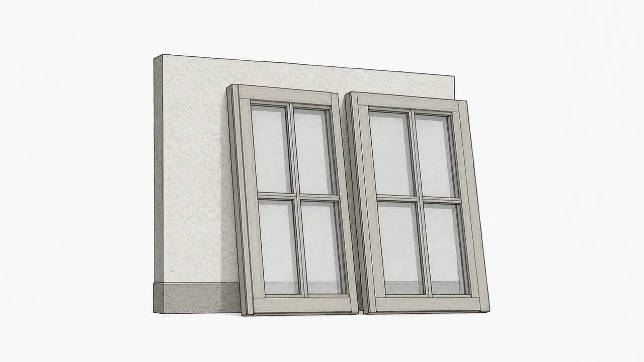 Zwei Holzfensterflügel mit Doppelverglasung stehen aufrecht an einem verputzten Musterbrett und sind klar geometrisch angeordnet.