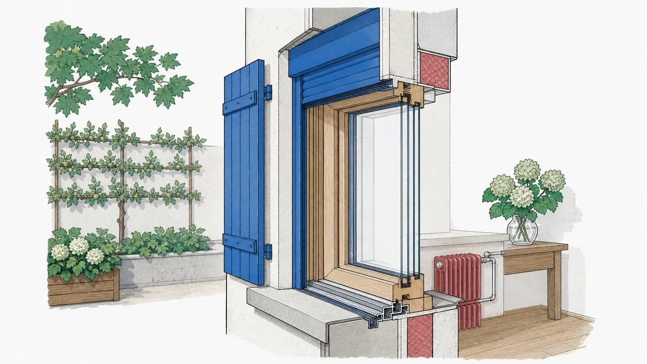 Ein Holzrahmen-Kippfenster mit Dreifachverglasung, sichtbarer Gummidichtung und einem versiegelten Aluminium-Schwellenprofil.