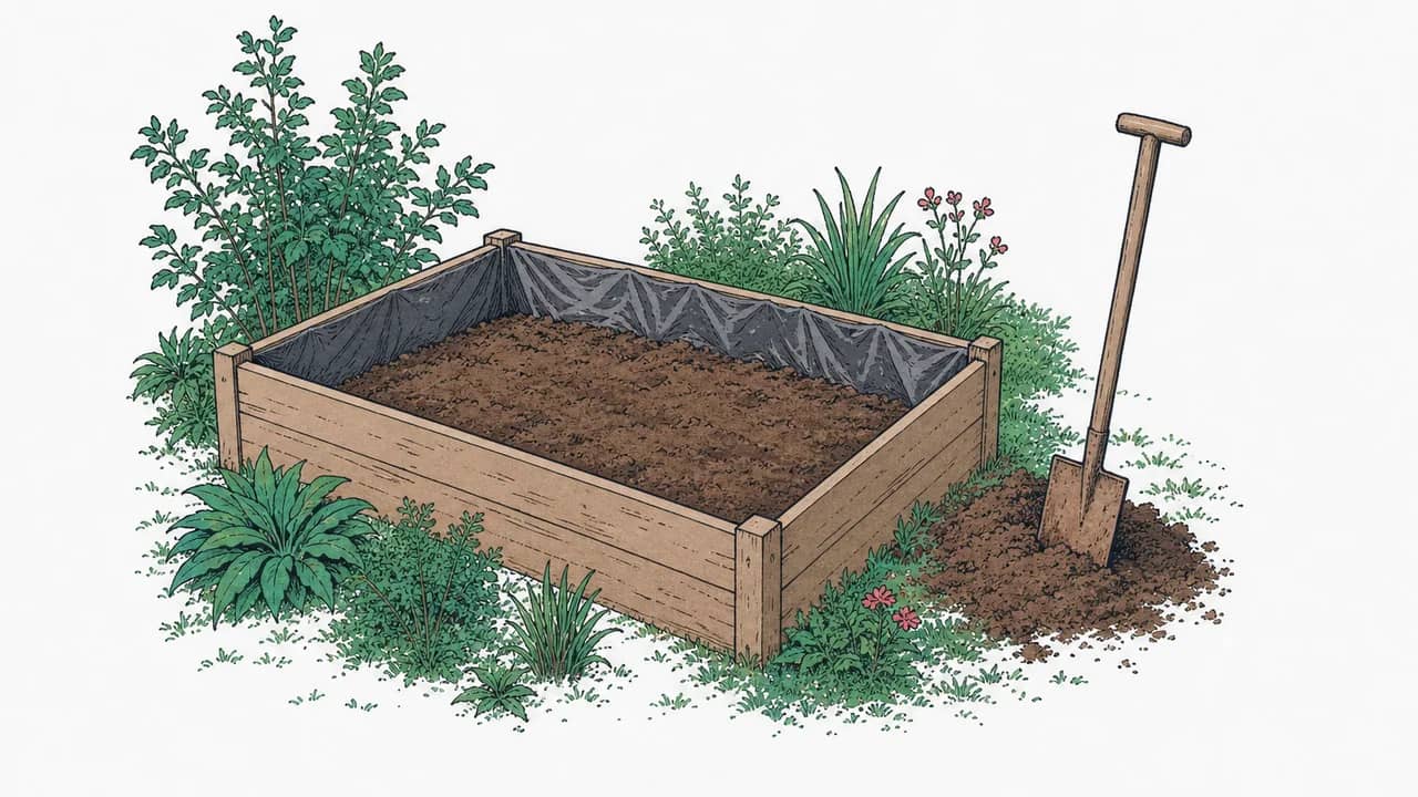 Ein teilweise aufgebautes Moorbeet mit Kunststoffauskleidung steht da; eine hölzerne Schaufel steckt aufrecht im Torfboden daneben.