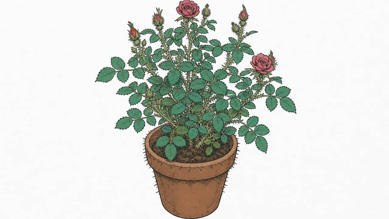 einen kompakten Mossrosenstrauch (Rosa centifolia muscosa) in einem Terrakottatopf mit klebrigen Borsten am Rand sehen.