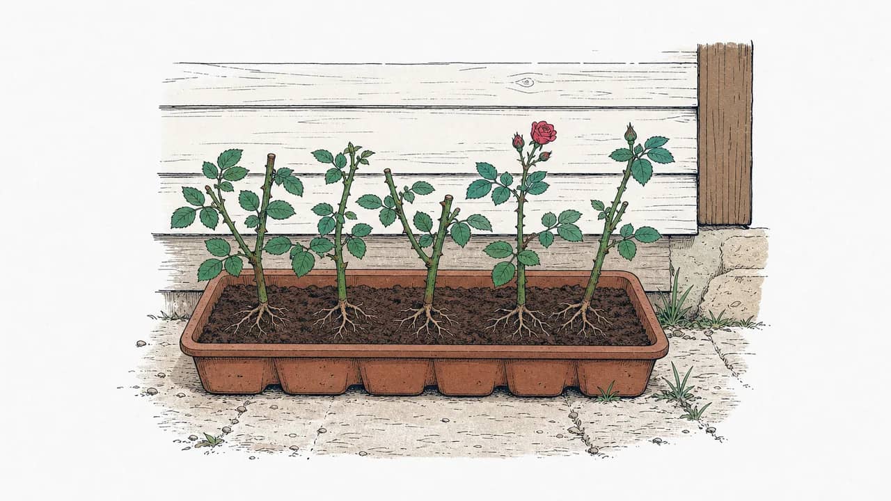 Eine Terrakotta-Stecklingsschale mit mehreren bewurzelten Rosenstecklingen, aufrecht im Substrat, neben einer holzverschalten Häusermauer.
