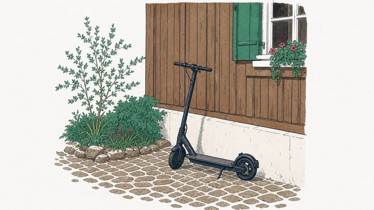 Ein elektrischer Kick-Scooter auf einem Kopfsteinpflaster, angelehnt an eine holzverkleidete Hauswand.
