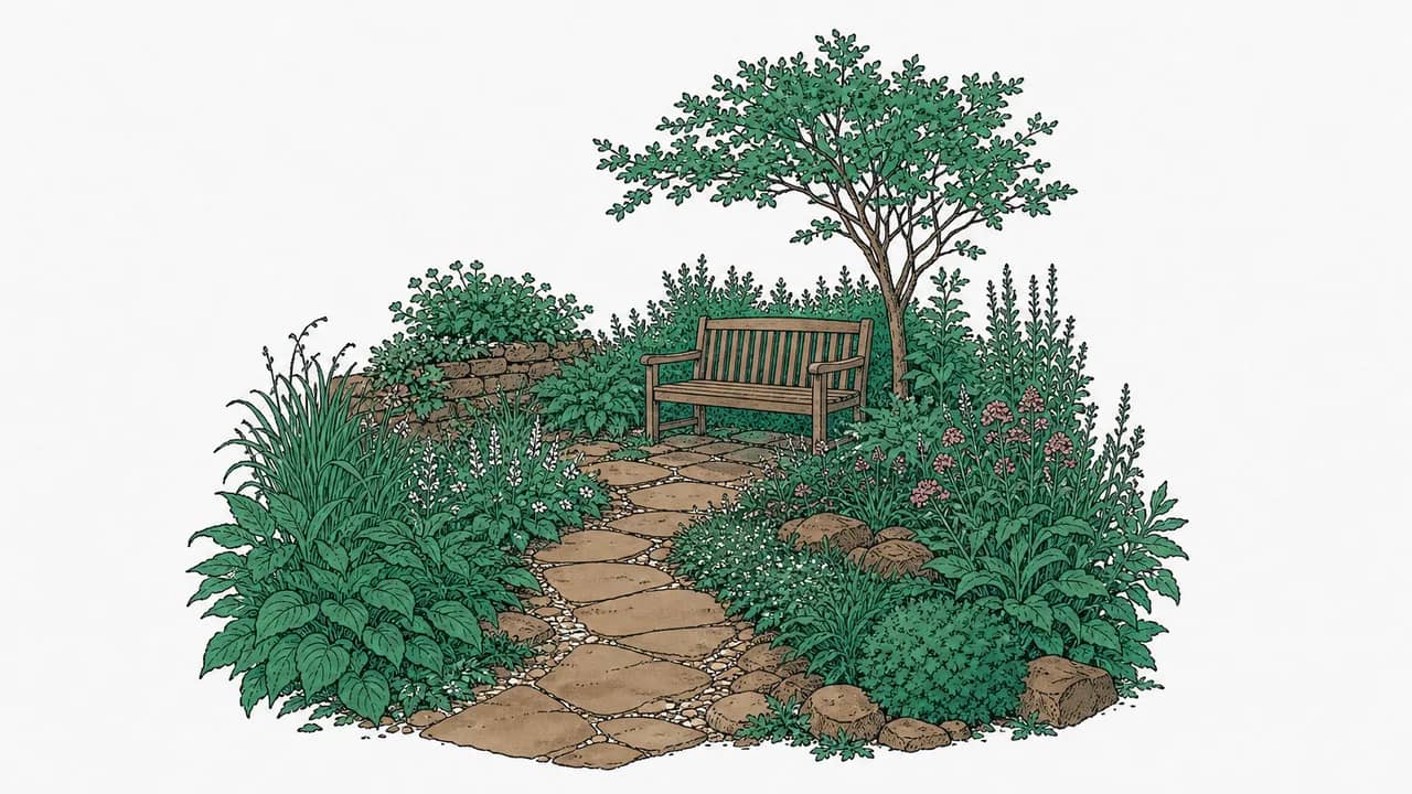 Ein geschwungener Plattenweg führt durch üppige Staudenbeete und endet an einer schlichten Holzgartenbank.