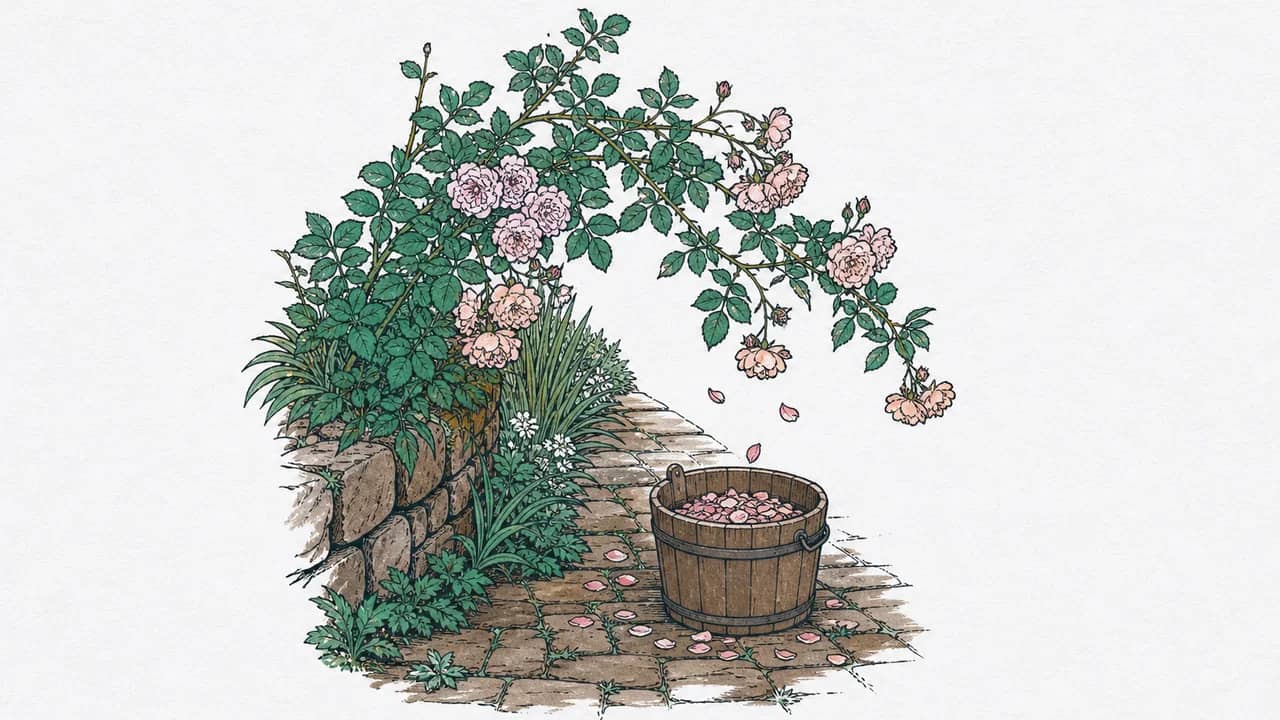 Geklustertete helle Noisette‑Rosenblüten, die Blütenblätter in einen kleinen Holzeimer auf einem Steinweg fallen.