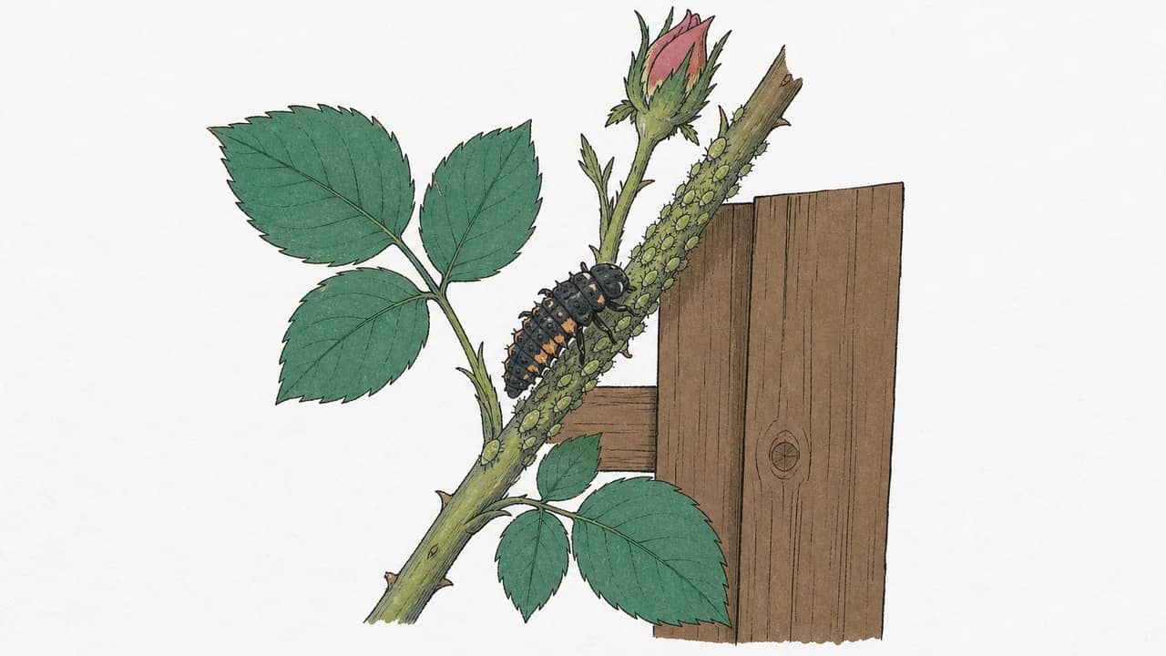 eine Marienkäferlarve, eine Gruppe grüner Blattläuse und ein Rosenstängel vor einem Holzsichtschutz