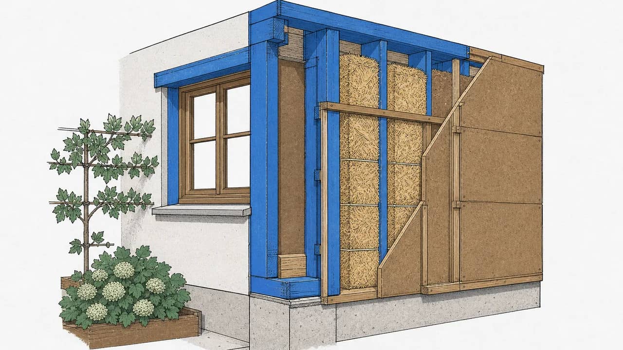 Eine Holzrahmen-Außenwand mit Strohballedämmung und freigelegter diffusionsoffener Holzfaserplatte.