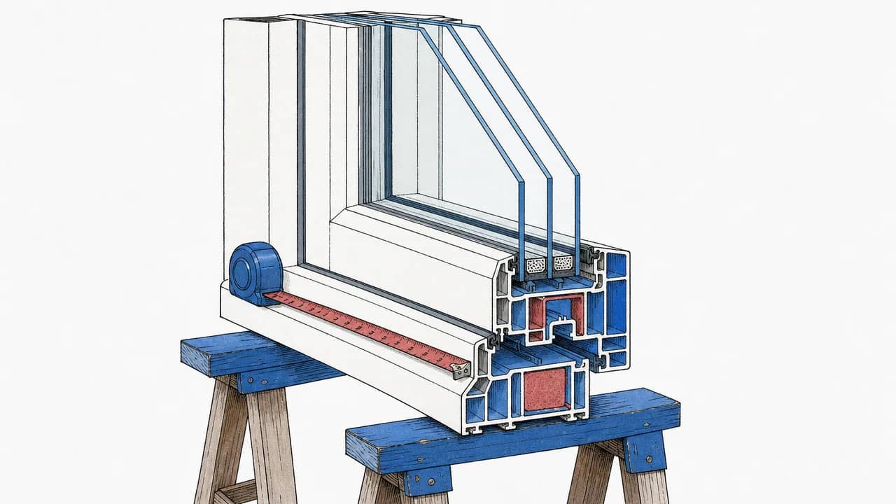 Ein Querschnitt einer dreifach verglasten Fenstereinheit auf zwei Böcken, mit sichtbarem Wärmespacer und einem quer über den Rahmen liegenden Massband.