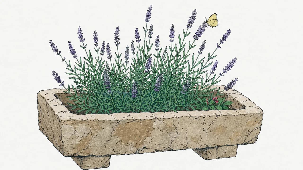 ein steinernes Fensterkästchen mit Lavendeltrieben und ein gelber Zitronenfalter auf einer Blüte