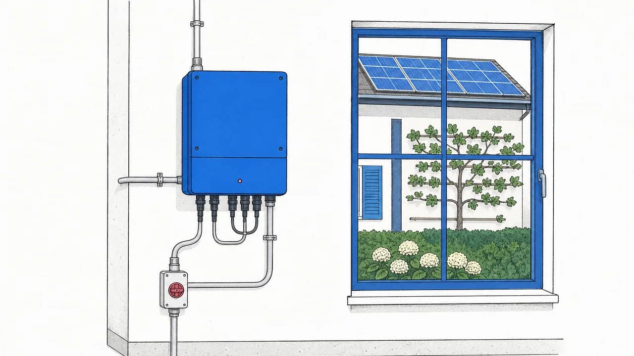 Ein an der Wand montierter Solarwechselrichter mit Kabelkanal, durch ein Fenster sieht man ein reflektierendes Dach-Solarmodul.