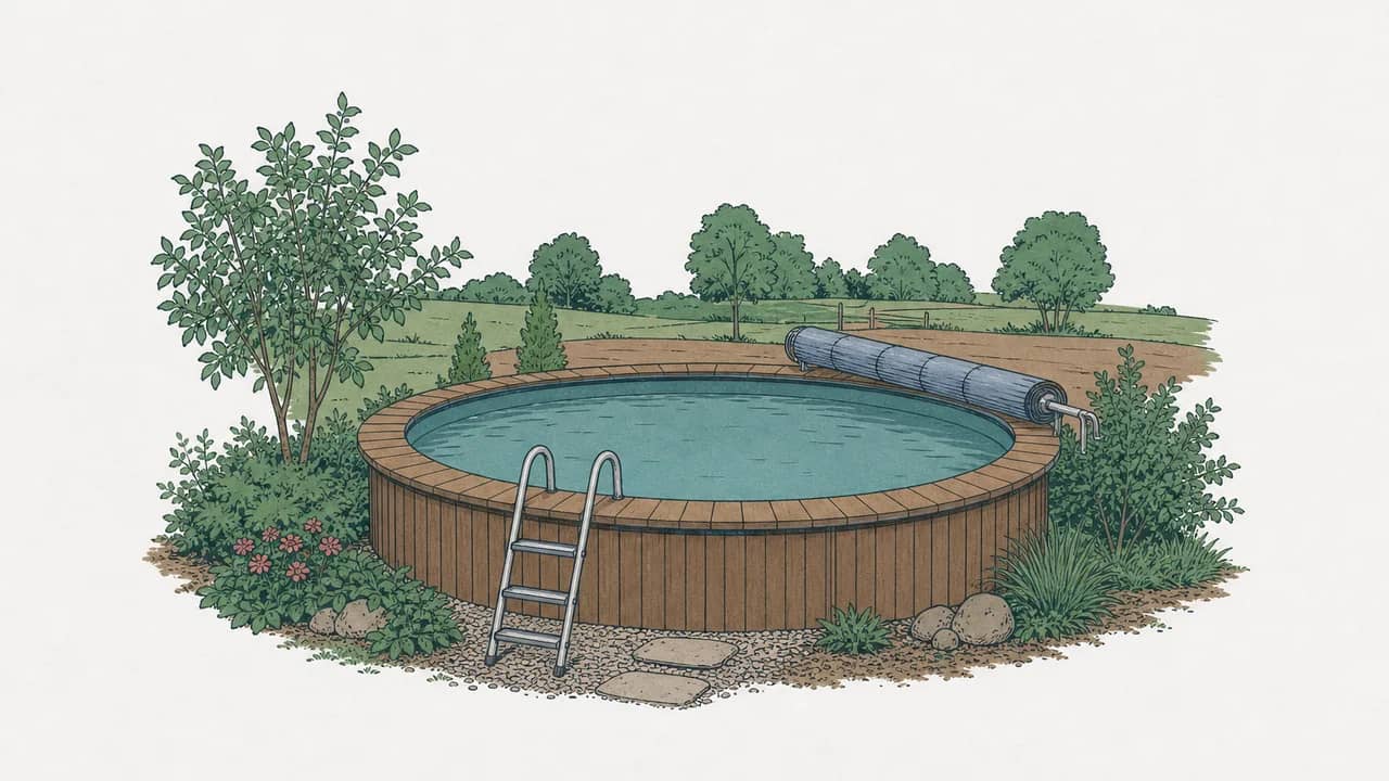 Ein rundes Pool auf einem Holzdeck mit zusammengefaltetem Pooldeckel und einer Aluminiumtrittleiter, die an der Poolkante lehnt.