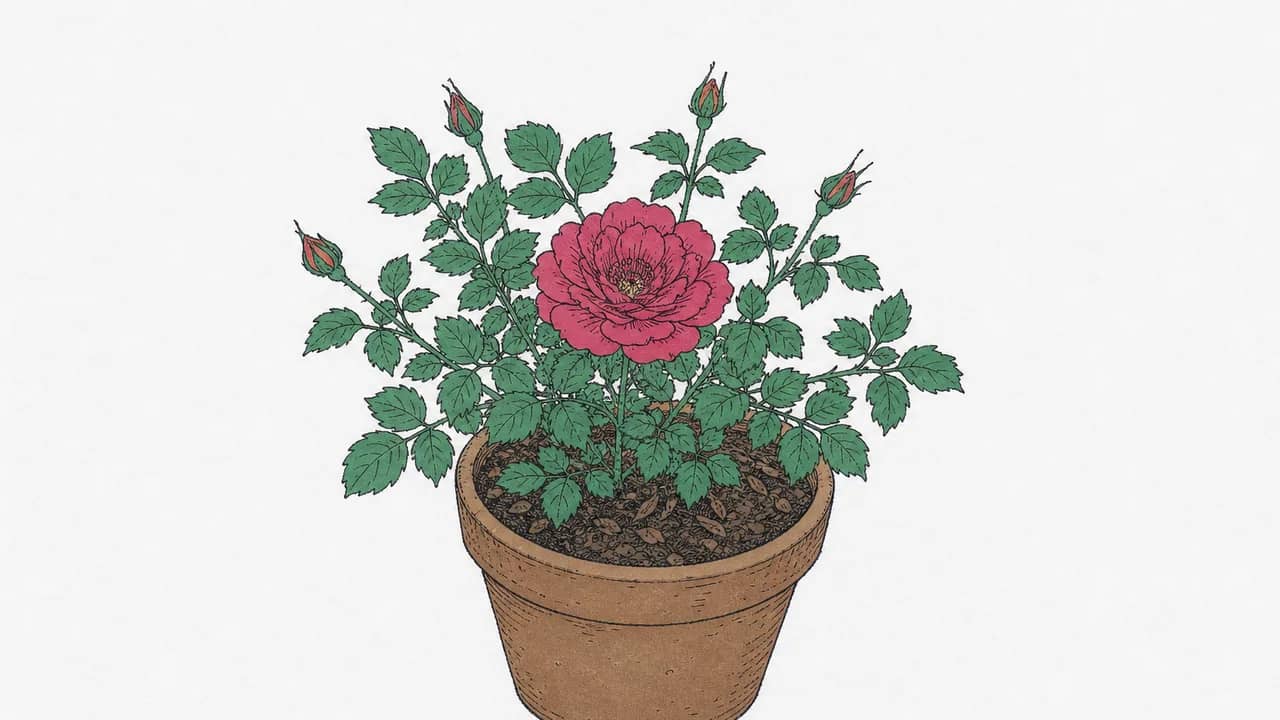 Ein Portland-Rosenstrauch in einem Terrakottatopf mit einer offenen Blüte, die dem Betrachter zugewandt ist.