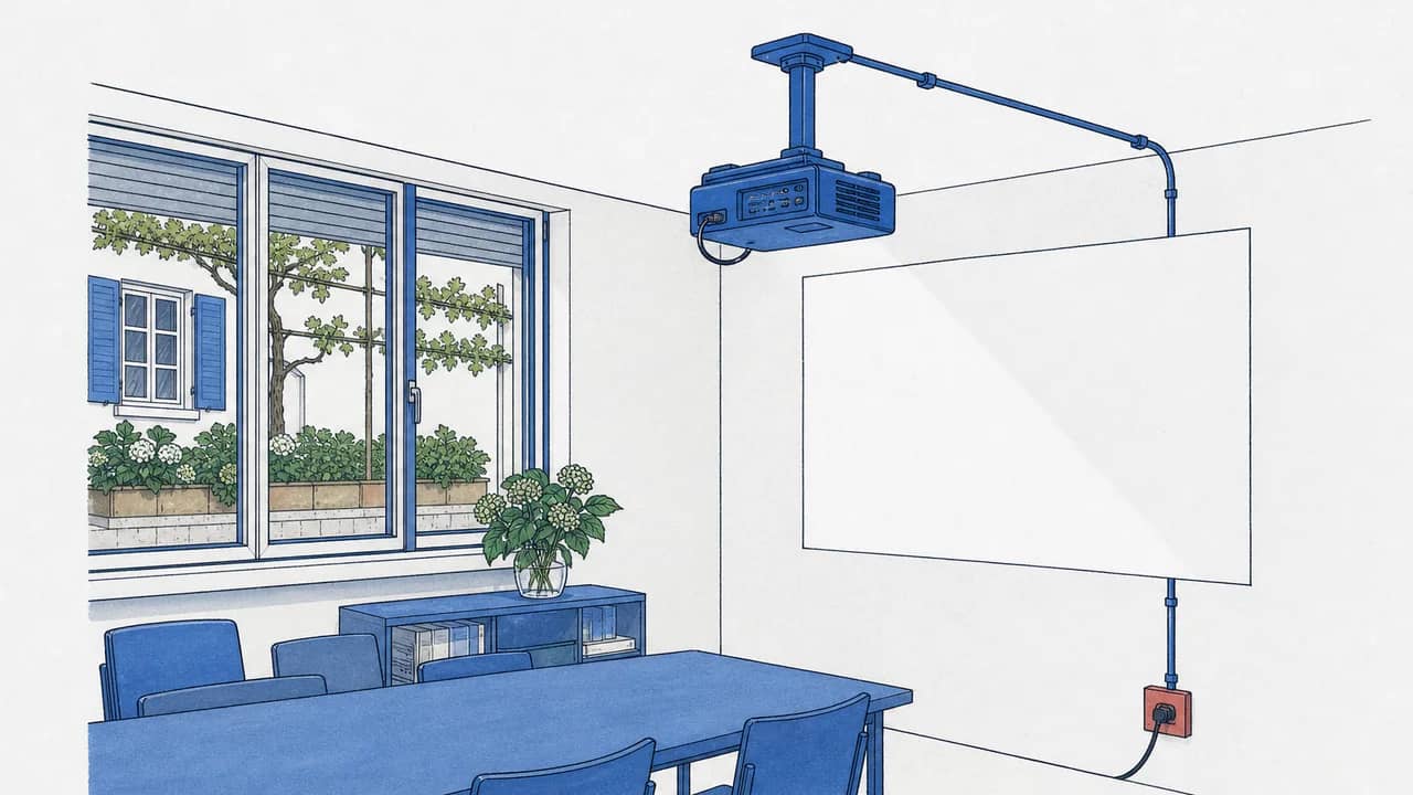 Ein deckenmontierter Kurzdistanzprojektor auf Halterung, auf eine leere Wand gerichtet, mit einem HDMI-Kabel und einem deckenfesten Stromrohr.