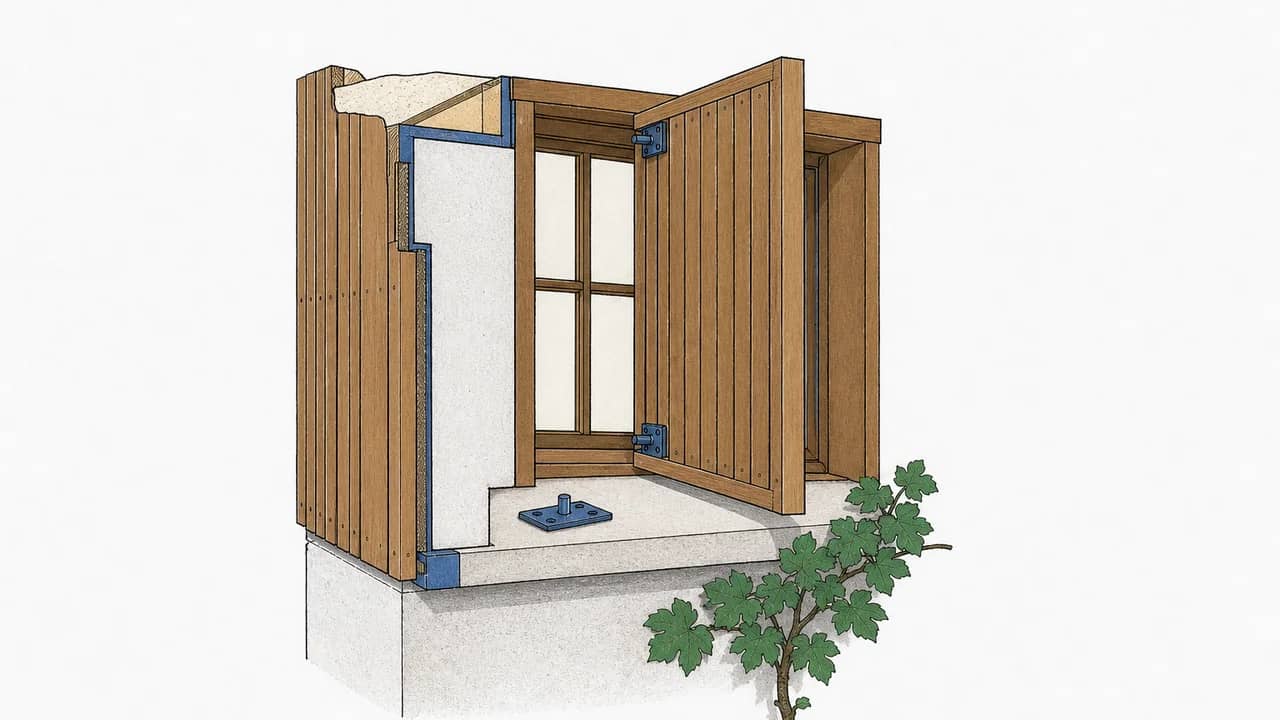 Eine timber-clad façade mit einem recessed pivoting timber privacy screen, das halb geöffnet ist, und einer spare hinge plate auf dem Sims liegend.