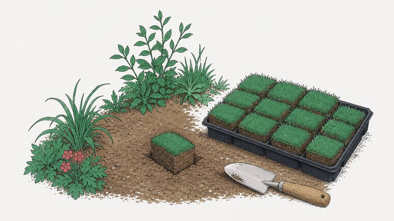 Ein rectangular turf plug in einer kahlen Stelle, ein tray of turf plugs und eine garden trowel liegen daneben.