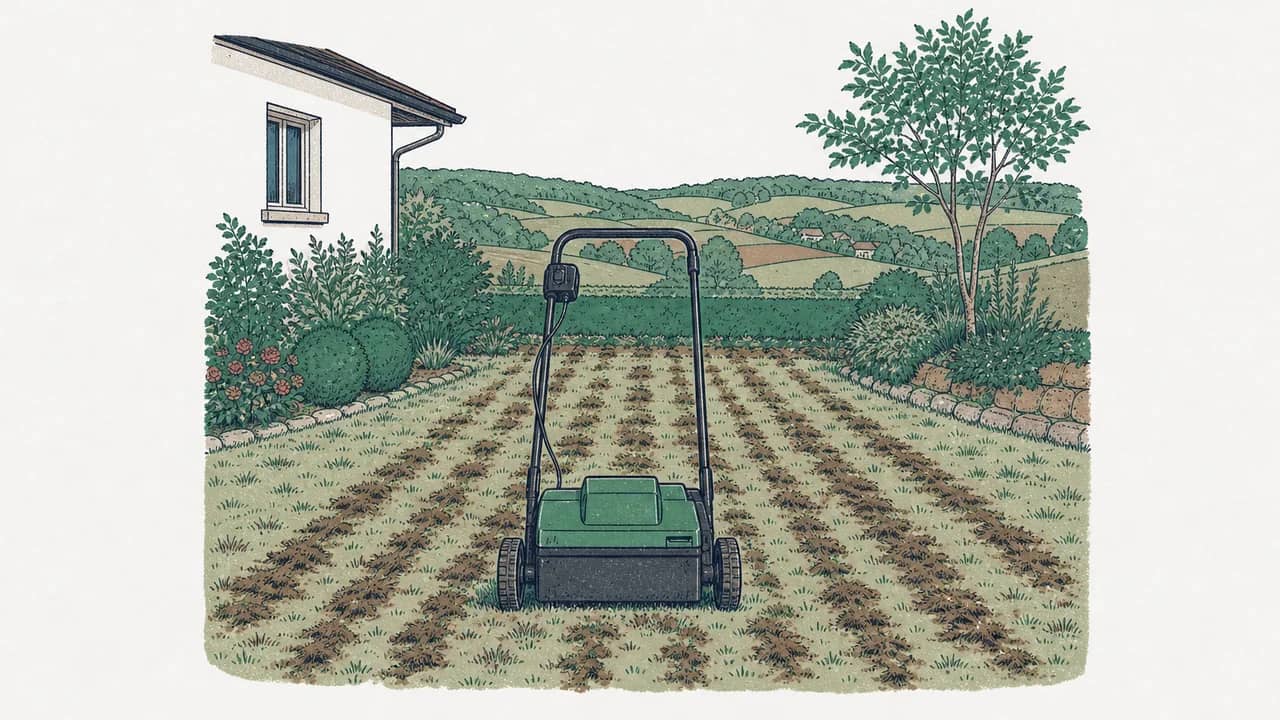Ein electric scarifier ruht auf einem frisch vertikutierten Rasen mit Reihen von herausgezogenen Moos- und Filzstücken.